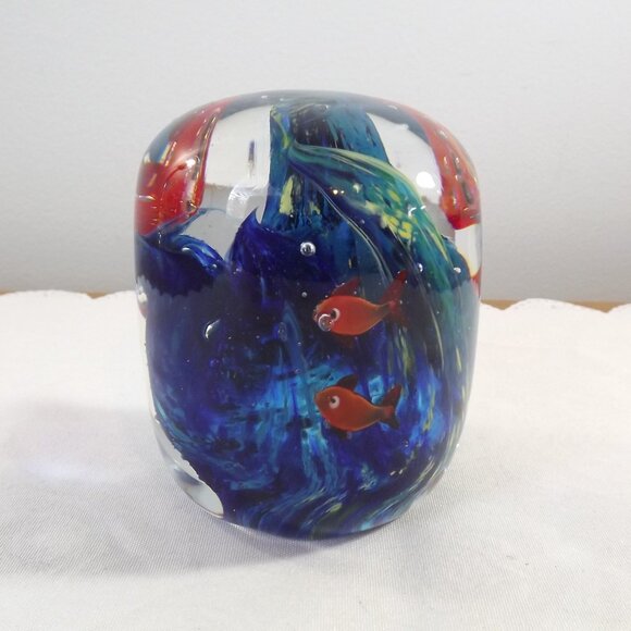 None Other - Vintage Aquarium Art Glass Paperweight, Fish and Bubbles, Ocean Intricate Design